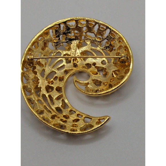 Vintage MJENT Gold Tone Brooch With Brown And Gold Crystal Crescent Circle Shape - Picture 9 of 13